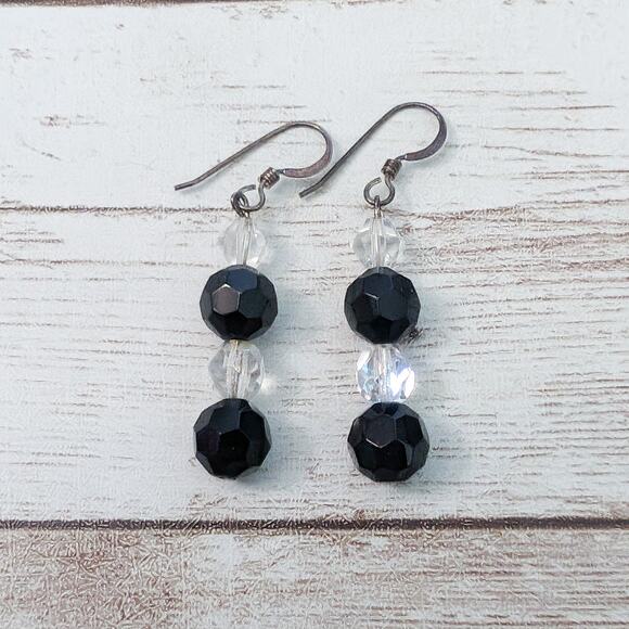 Vintage Earrings For Pierced Ears - Black & Clear Beaded Dangle - Picture 1 of 6